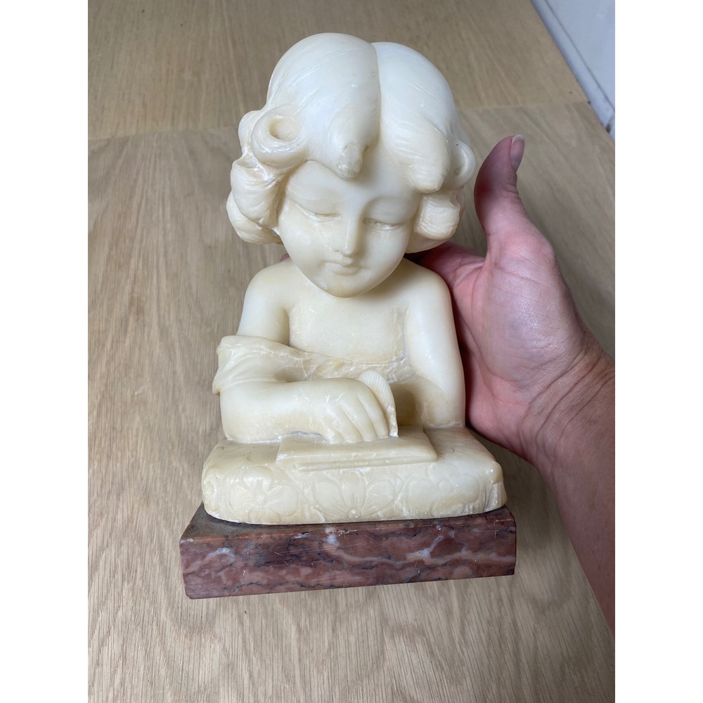 Antique Alabaster Bust Young Girl Cherub Sculpture on Marble Base Figurine 19thC